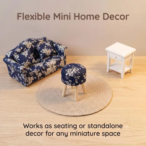 Vista 6 de Taburete de casa de muñecas en miniatura, redondo, tapizado, a escala 1:12, taburete de madera, adorno para casa de muñecas, accesorios