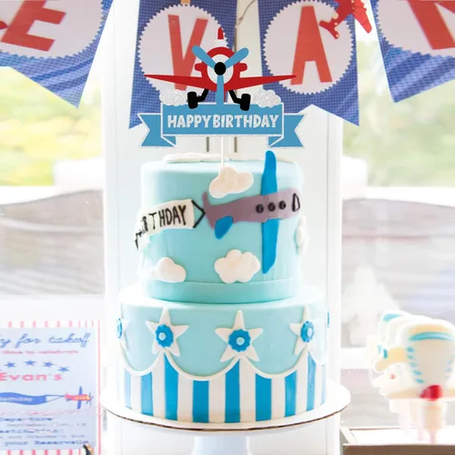 Vista 5 de Decoración de pastel de feliz cumpleaños con diseño de avión con purpurina, decoración de pastel temático de moscas del tiempo, la aventura espera