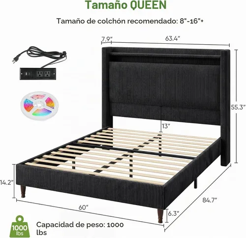 Vista 2 de Base de cama tamaño Queen con cabecera de 55.3 pulgadas de alto, tapizada
