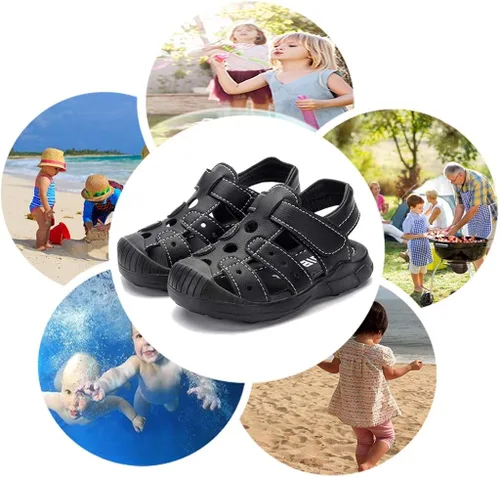 Vista 5 de HOBIBEAR - Sandalias para niños y niñas con puntera cerrada zapatos planos zapatos de verano para la playa bebéniño pequeño