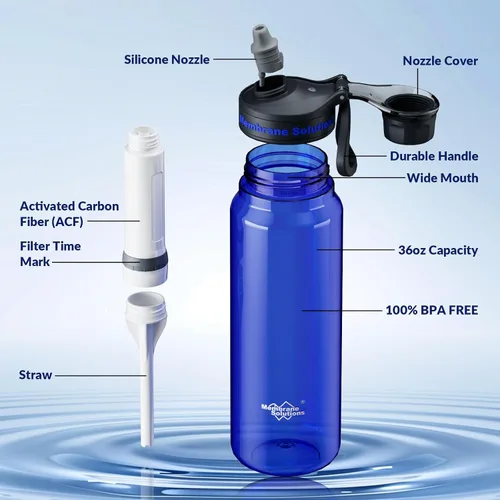 Vista 6 de Botella de agua filtrada, filtro de botella de agua Membrane Solutions C3 con cartucho de filtro ACFX2 reemplazable, filtro de agua portátil de 36