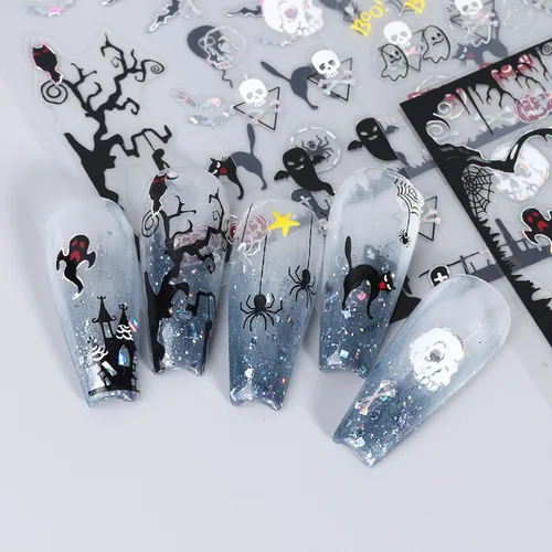 Vista 3 de 6 hojas de calcomanías de arte de uñas de Halloween – Calcomanías de uñas de Halloween autoadhesivas 3D de dibujos animados fantasma, esqueleto