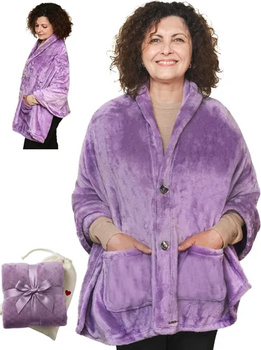 Vista 9 de EzrAllora Fleece Poncho Blanket - Drape&Go No Sleeves- Lightweight Wrap Shawl - Wearable Blanket - Easy On Easy Off