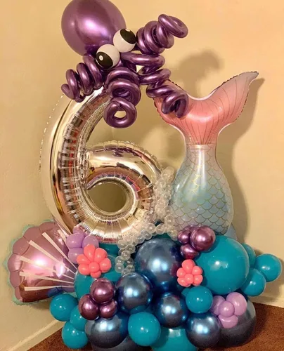 Vista 7 de 7 globos de sirena con números para fiesta de cumpleaños de 1, 2, 3, suministros de decoración de cola de sirena para niñas (número 0)
