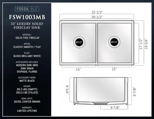 Vista 6 de FSW1003MB - Fregadero de lujo de 33 pulgadas en color blanco, negro mate, frente plano