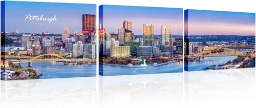 Vista 61 de TUMOVO 3 piezas de arte de pared en lienzo con diseño de horizonte de Atlanta, arte de pared panorámico de paisaje urbano en blanco y negro