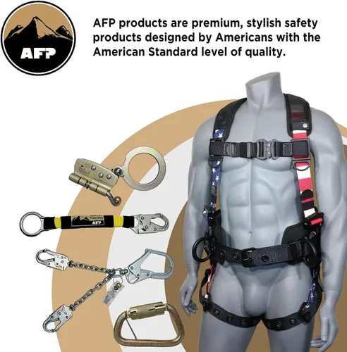 Vista 7 de AFP Arnés de seguridad de cuerpo completo de protección contra caídas Premium, cinturón de soporte de 8" de grosor, anillos en D de aluminio Bandera