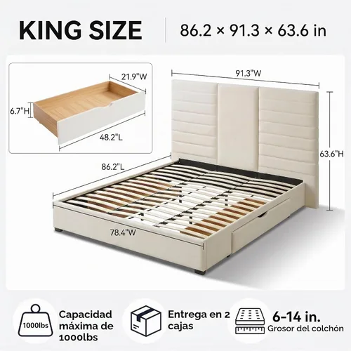 Vista 3 de Cabecero alto tapizado con plataforma King con 2 cajones de almacenamiento
