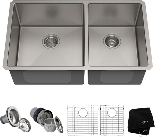 Vista 20 de Kraus Fregaderos de cocina de montaje inferior, fregadero de cocina de acero inoxidable de 32 pulgadas, cuenco doble 60/40, calibre 16