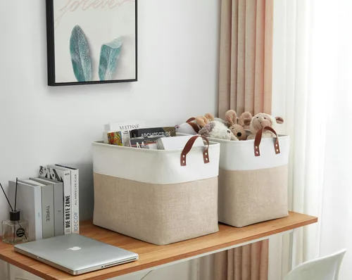 Vista 2 de DECOMOMO Cestas de almacenamiento extra grandes, contenedores de almacenamiento de tela con asas para organizar estantes, juguetes, guardería, Beige
