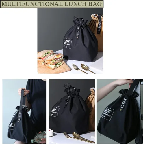 Vista 3 de Bolsa de almuerzo de lona con cordón, bolsa de almuerzo aislada, estilo japonés, bolsa de almuerzo reutilizable, bolsa aislada con asa y cierre