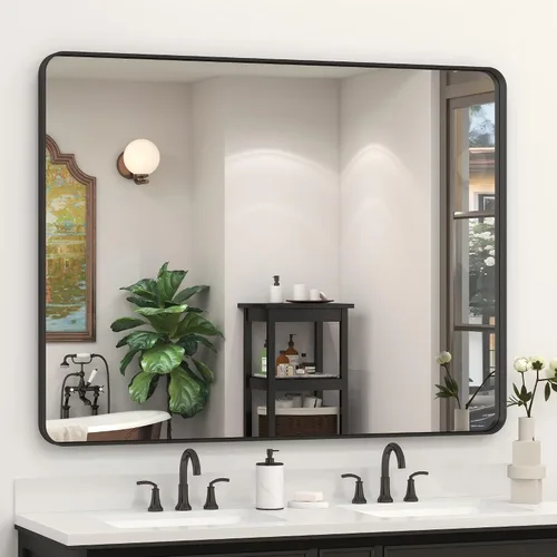 Vista 48 de Espejo rectangular para pared de baño de 20x30 pulgadas con marco negro mate, espejo de tocador con esquinas redondeadas, espejo de baño de metal