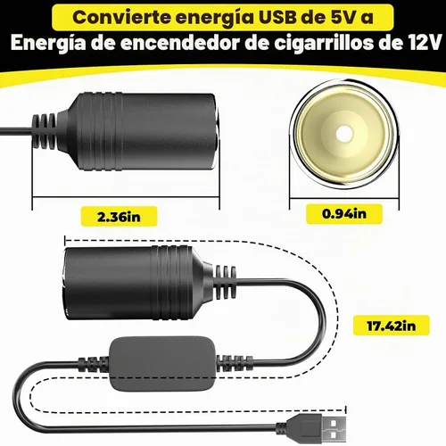 Vista 2 de Adaptador de USB a Encendedor de Cigarrillos, Cable de 10W USB Macho a 12V Encendedor de Cigarrillos de Toma, para Cámara de Salpicadero, Detector
