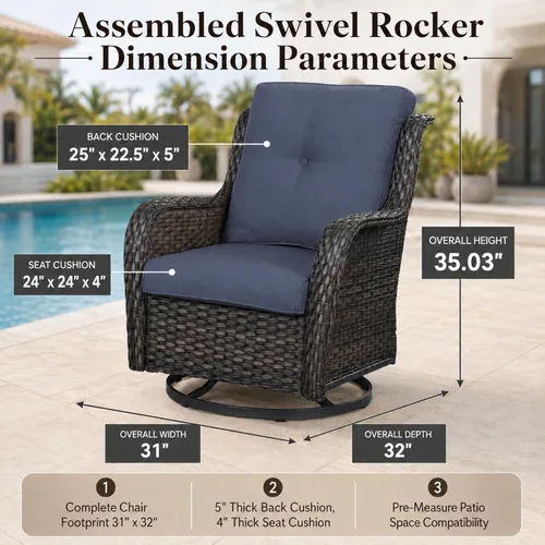 Vista 2 de HUMMUH Juego de 2 Sillas Giratorias Mecedoras de Mimbre para Patio Exterior, Juego de Muebles de Sillas Mecedoras de Ratán (Marrón, Azul) 50,000