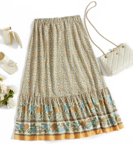 Vista 43 de Milumia Women Boho Vintage Floral Print Long Skirt Summer Tiered Maxi Skirt