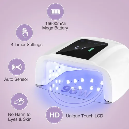 Vista 3 de Lámpara de uñas LED UV recargable, secadora de uñas inalámbrica de 96 W, luz de curado de esmalte de uñas de gel UV inalámbrico con 42 cuentas LCD