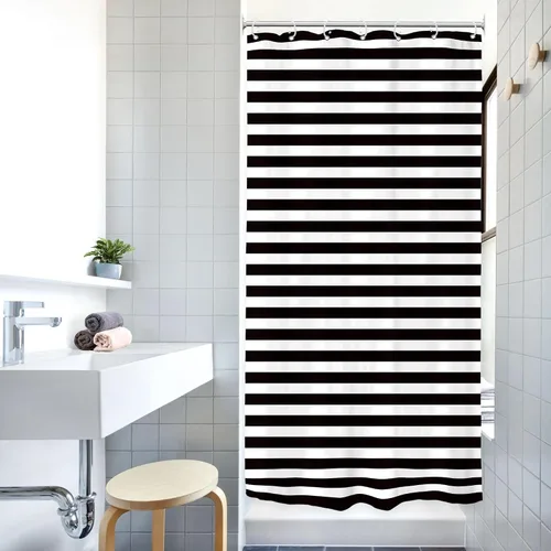 Vista 2 de Black White Striped Small Stall Simple Bathroom Shower Curtain Set