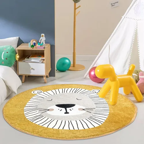 Vista 4 de USTIDE Linda alfombra para niños, alfombra redonda de león de dibujos animados, alfombra de juego de león amarillo, alfombra suave de 4 pies