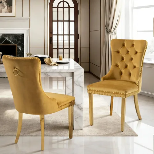 Vista 119 de Juego de 2 sillas de comedor de terciopelo con patas de madera, color beige Mid Century Modern Dining Chairs,Upholstered Chairs with Nailhead