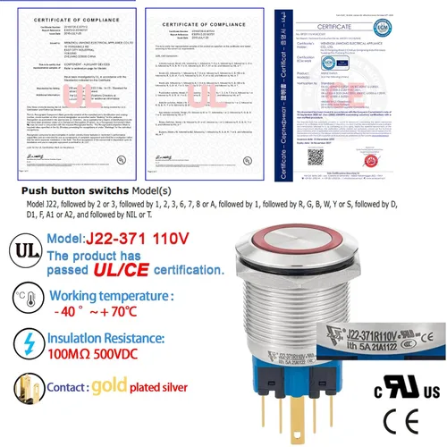 Vista 3 de 2 interruptores de botón de cierre de 0.866 in, 7/8 pulgadas, 110 V-120 V, SPDT, interruptor de encendido y apagado, impermeable, IP67, acero Azul