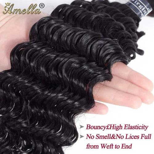 Vista 4 de Amella Extensiones de cabello brasileño de onda profunda de 14 pulgadas, 100% sin procesar, 1 paquete de cabello ondulado profundo, paquetes