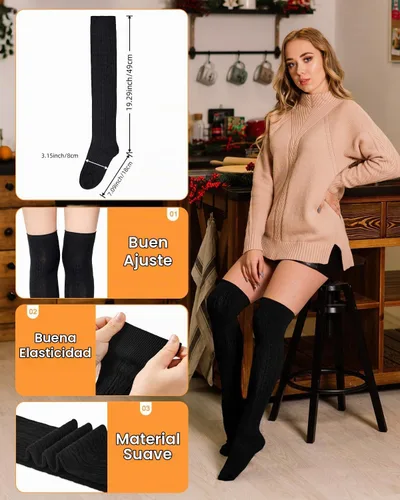 Vista 4 de Century Star Calcetines altos hasta el muslo para mujer, calcetines largos por encima de la rodilla, para atleta, casual, a rayas, hasta la rodilla