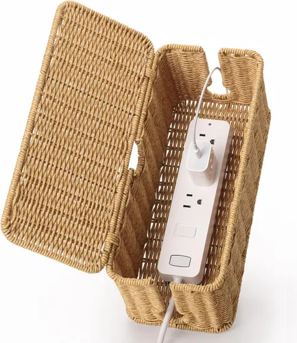 Vista 10 de Caja grande de organización de cables, organizador de cables de ratán de imitación tejida a mano, caja de gestión de cables de escritorio