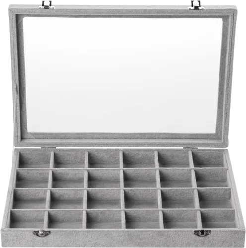 Vista 2 de Frebeauty Bandeja de joyería de terciopelo, organizador de joyas de 24 rejillas con tapa transparente, organizador de aretes con cierre, anillos