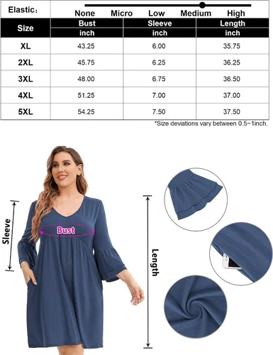 Vista 7 de KOJOOIN Vestido tipo túnica casual para mujer, talla grande, cuello en V, holgado, manga 34, con volantes, bohemio, vestido midi con bolsillos