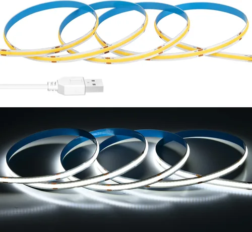 Vista 2 de Tira de luz LED USB de 6.56 pies, 5 voltios alimentada por USB, luces LED COB de 6000 K, luz diurna blanca de 0.315 in, tiras flexibles de alta Luz