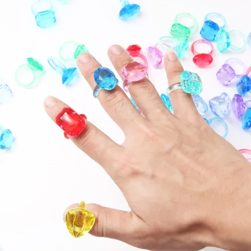 Vista 3 de 100 anillos de gemas para niños, juguetes a granel, anillos de diamantes para fiestas para niños y niñas, accesorios de vestir coloridos