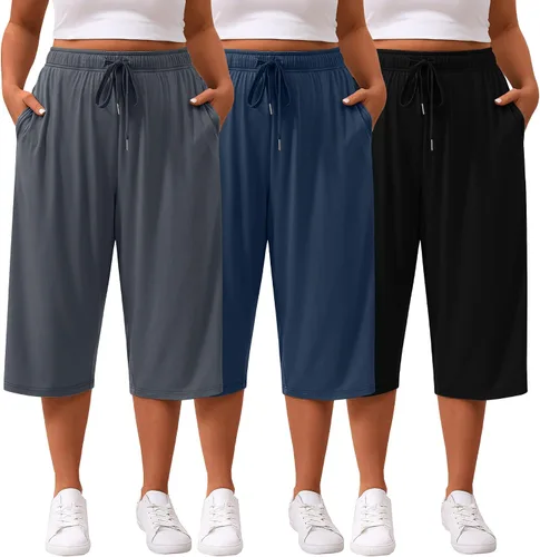 Vista 17 de Paquete de 3 pantalones capri de talla grande para mujer, ajuste holgado, pierna ancha, pantalones recortados para yoga, descanso, entrenamiento