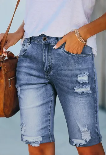 Vista 2 de HUUSA Pantalones cortos de mezclilla rasgados de cintura alta para mujer, dobladillo deshilachado, medio muslo, pantalones cortos de mezclilla