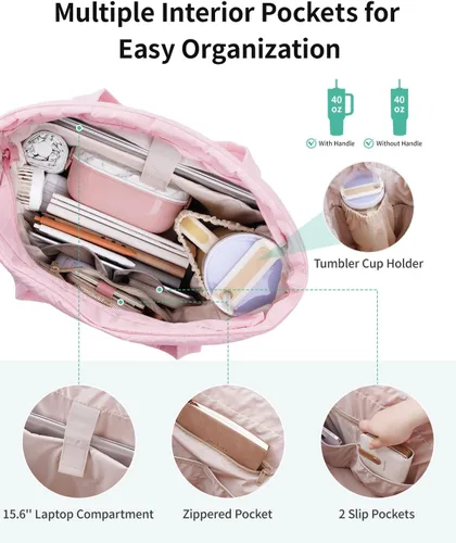 Vista 4 de Narwey Bolsa de mano acolchada de nailon para mujer, bolsa de mano Rosa