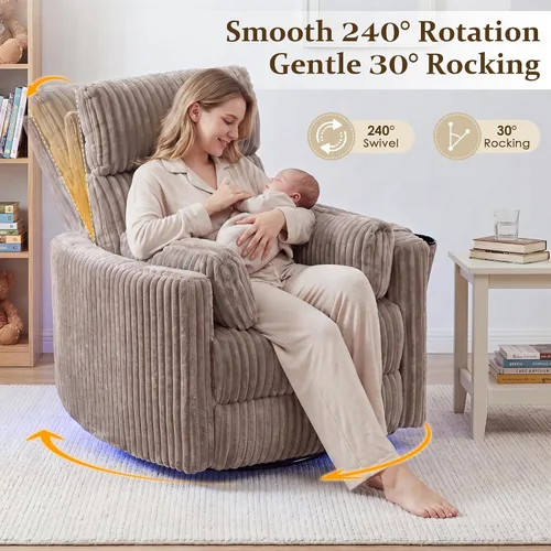 Vista 5 de SAMERY Silla reclinable giratoria eléctrica con reposacabezas ajustable, silla reclinable mecedora extra ancha con 2 almohadas/portavasos/USB/LED
