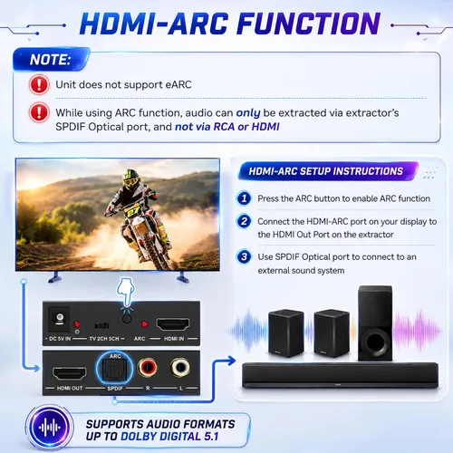 Vista 6 de J-Tech - Convertidor de extractor de audio HDMI digital 4K 60Hz con óptica SPDIF, 3 modos de audio EDID, paso HDCP y soporte de sistema AV heredado