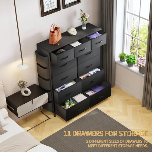 Vista 3 de Cómoda de almacenamiento de tela con 11 cajones para organización del dormitorio, cómoda con estantes profundos, bolsillos laterales y ganchos, Negro