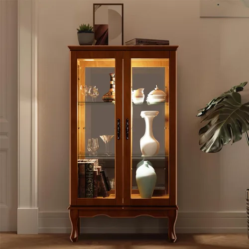 Vista 9 de Dolonm Gabinete Curio con puertas de vidrio templado, gabinetes Curio con panel trasero espejo y estantes ajustables, vitrina iluminada
