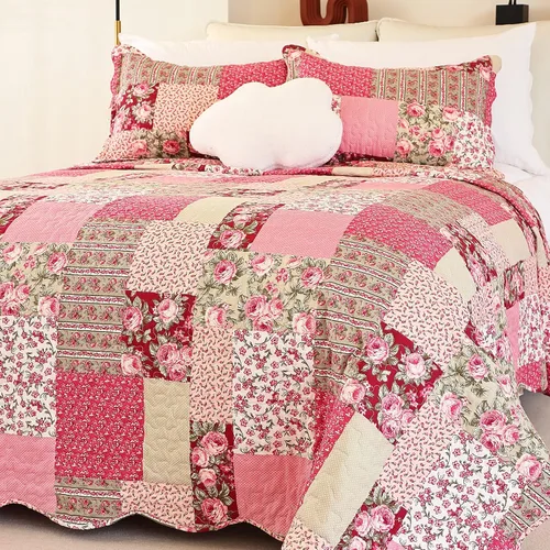 Vista 22 de Cmfshape - Juego de cama con edredón acolchado floral de verano tamaño king, juego de colcha rosa romántico, cubrecama reversible cosido para todas