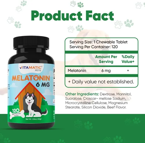 Vista 2 de Vitamatic Melatonina para perros – 6 mg – 120 comprimidos masticables con sabor a carne (paquete de 1))