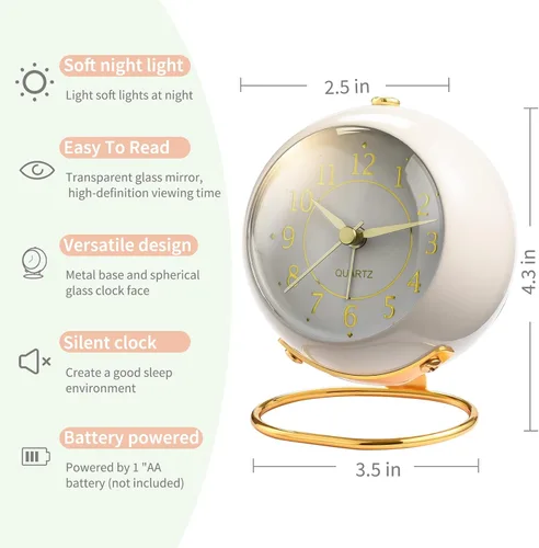 Vista 6 de Tetino Relojes despertadores analógicos, retroiluminación retro, bonito diseño simple, pequeño reloj de escritorio con luz nocturna, silencioso sin