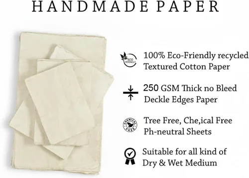 Vista 5 de 30 hojas de papel de acuarela, de 7.86 oz/m², con borde deckled, rugoso/texturizado, hecho a mano, de algodón con textura, para acuarelas