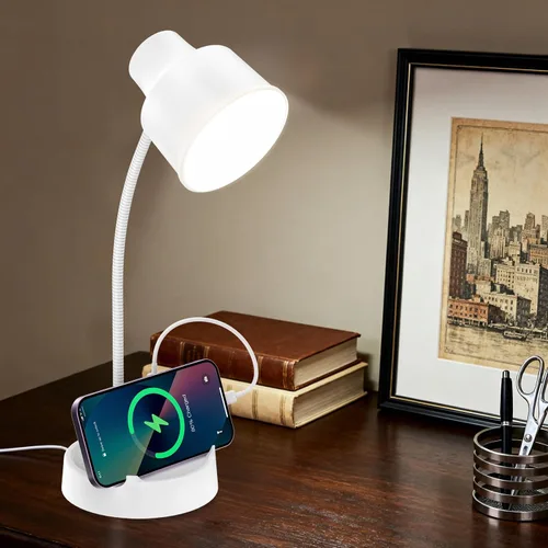 Vista 8 de Lámpara de escritorio LED Energetic con soporte para teléfono, lámpara de mesa con toma de corriente, cuello de cisne flexible ajustable, 4000K, luz