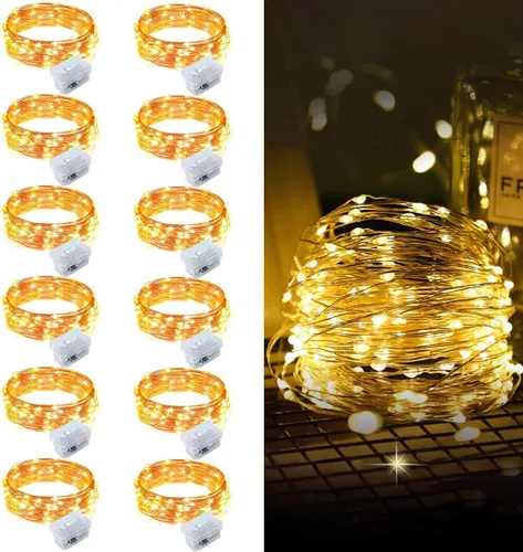 Vista 35 de Aogist Paquete de 24 luces de hadas, 3 modos, 2,1 metros, 20 luces LED, impermeables, cable plateado, funcionan con pilas, mini luces de alambre