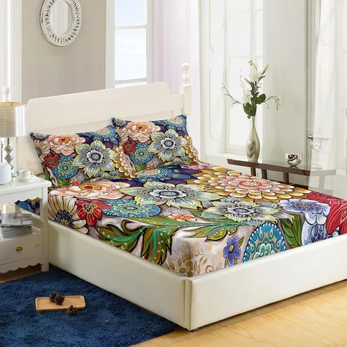 Vista 2 de Nttopship Sábanas y fundas de almohada florales bohemias, sábana bajera ajustable de microfibra suave, bolsillos profundos, decoración