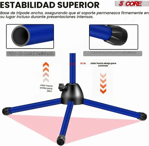 Vista 6 de 5 Core Soporte de micrófono para piso, trípode, brazo de brazo, altura ajustable, con clips de micrófono, adaptador de 3/8 a 5/8 pulgadas para Azul