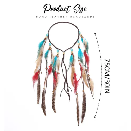 Vista 4 de GORTIN Diadema de plumas bohemias, tocado hippie, disfraz indio gitano, accesorio bohemio para el cabello para mujer (A-azul + rojo)