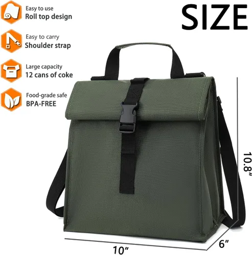 Vista 3 de GYEUKHAM Bolsa de almuerzo aislada para hombres/mujeres/niños, lonchera reutilizable con tapa enrollable y correa ajustable para el hombro Verde