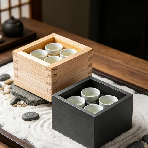 Vista 2 de 2 cajas de madera cuadradas japonesas para tazas de sake, material de madera, bordes lisos, diseño elegante para almacenamiento y servir