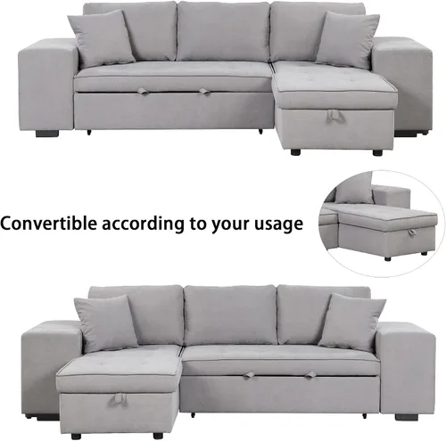Vista 6 de Merax Sofá cama en forma de L de 104.5 pulgadas, sofá cama modular reversible de 3 plazas con cama extraíble, sofá cama de almacenamiento y 2 Gris